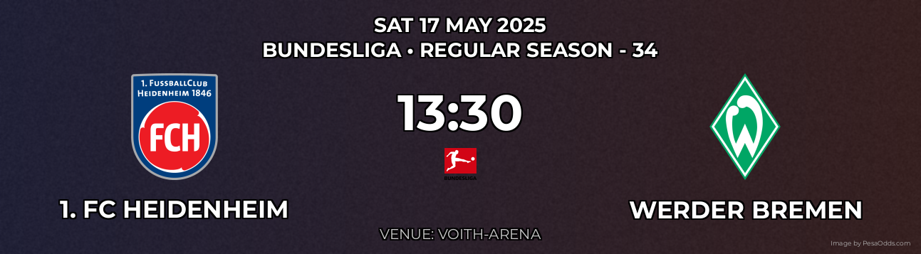 1. FC Heidenheim vs Werder Bremen Prediction match poster for Bundesliga fixture on SAT 17 MAY 2025