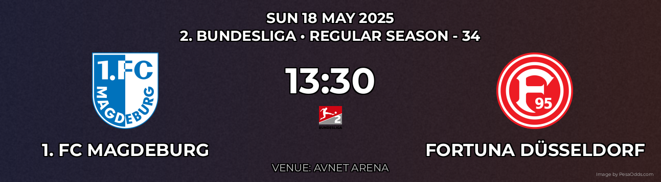 1. FC Magdeburg vs Fortuna Düsseldorf Prediction match poster for 2. Bundesliga fixture on SUN 18 MAY 2025