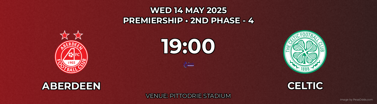 Aberdeen vs Celtic Prediction match poster for Premiership fixture on WED 14 MAY 2025