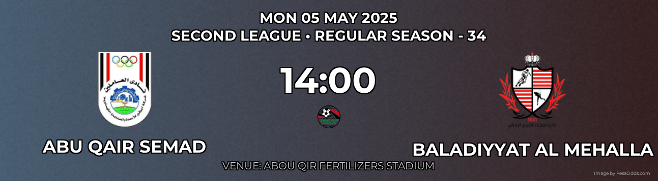 Abu Qair Semad vs Baladiyyat Al Mehalla Prediction match poster for Second League fixture on MON 05 MAY 2025