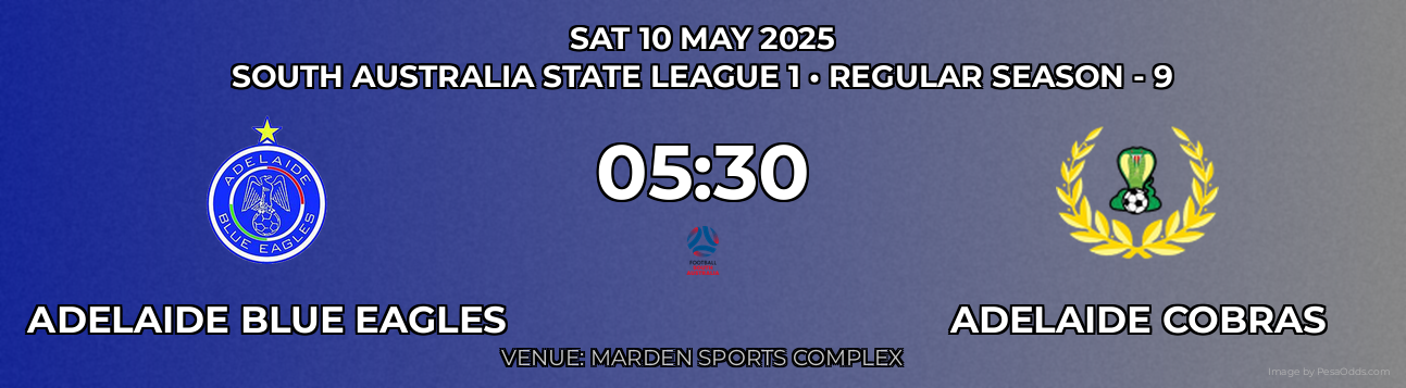 Adelaide Blue Eagles vs Adelaide Cobras Prediction match poster for South Australia State League 1 fixture on SAT 10 MAY 2025