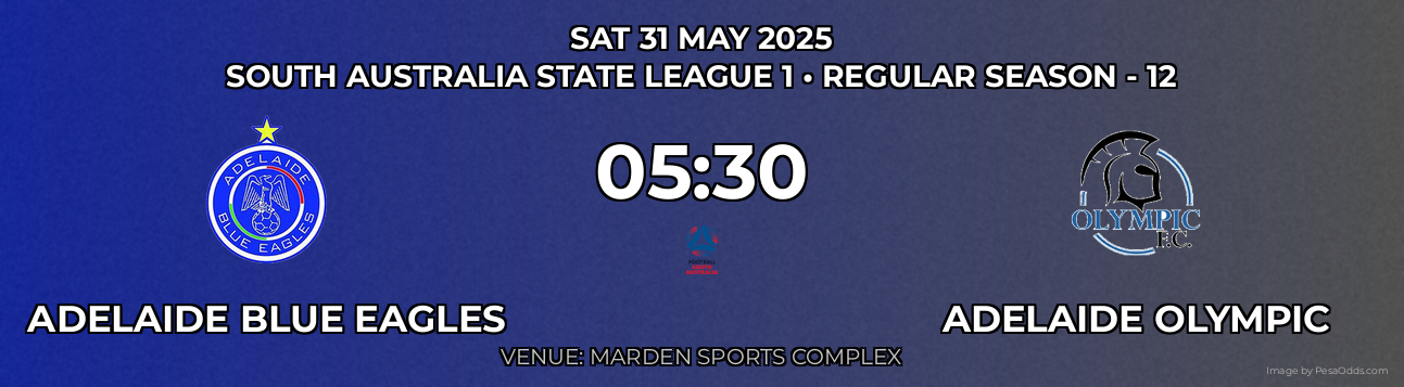 Adelaide Blue Eagles vs Adelaide Olympic Prediction match poster for South Australia State League 1 fixture on SAT 31 MAY 2025