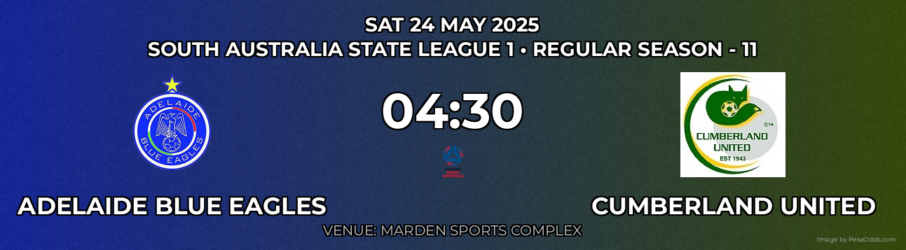 Adelaide Blue Eagles vs Cumberland United Prediction match poster for South Australia State League 1 fixture on SAT 24 MAY 2025