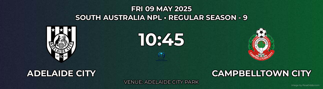 Adelaide City vs Campbelltown City Prediction match poster for South Australia NPL fixture on FRI 09 MAY 2025