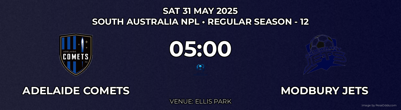 Adelaide Comets vs Modbury Jets Prediction match poster for South Australia NPL fixture on SAT 31 MAY 2025
