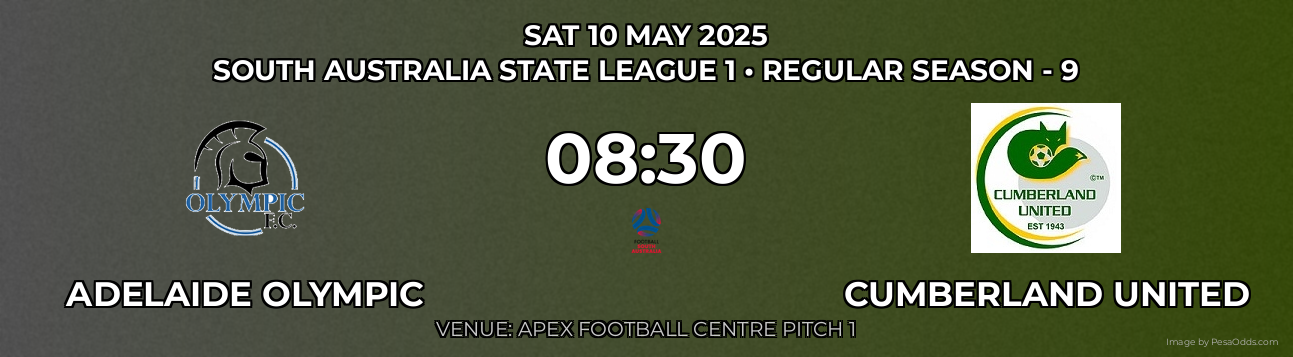 Adelaide Olympic vs Cumberland United Prediction match poster for South Australia State League 1 fixture on SAT 10 MAY 2025
