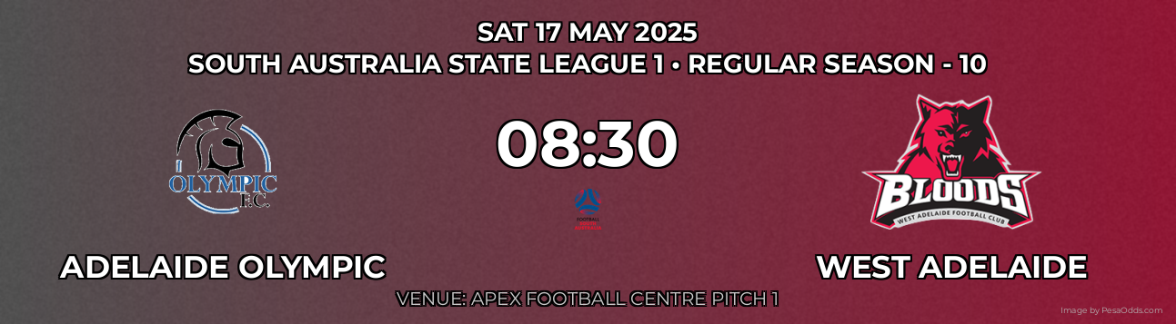 Adelaide Olympic vs West Adelaide Prediction match poster for South Australia State League 1 fixture on SAT 17 MAY 2025