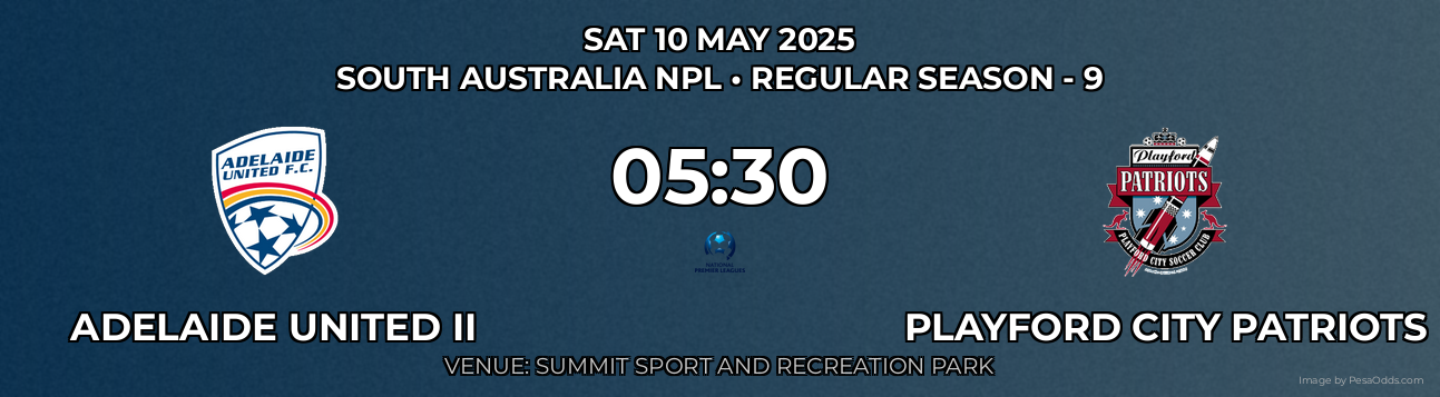 Adelaide United II vs Playford City Patriots Prediction match poster for South Australia NPL fixture on SAT 10 MAY 2025