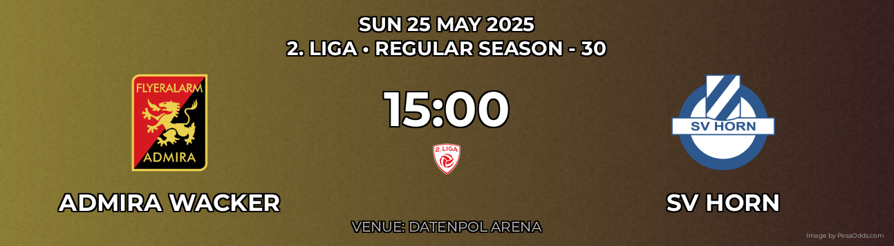Admira Wacker vs SV Horn Prediction match poster for 2. Liga fixture on SUN 25 MAY 2025