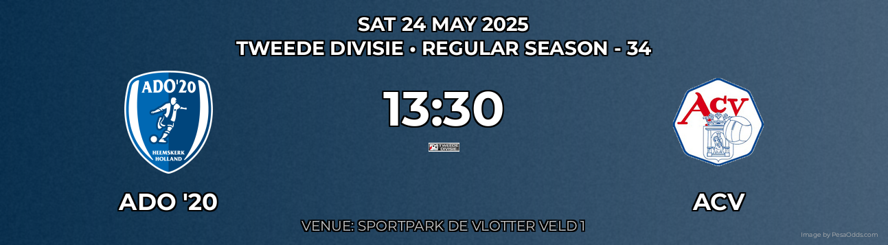 ADO '20 vs ACV Prediction match poster for Tweede Divisie fixture on SAT 24 MAY 2025