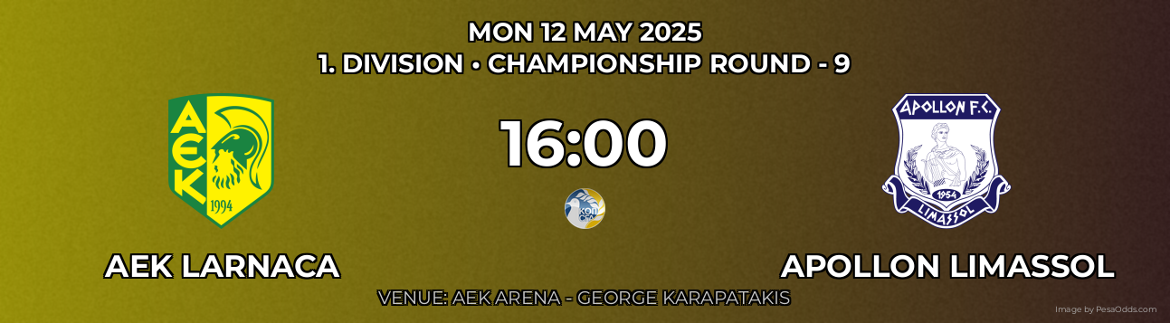 AEK Larnaca vs Apollon Limassol Prediction match poster for 1. Division fixture on MON 12 MAY 2025
