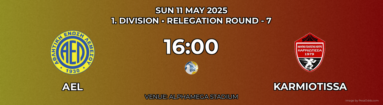 AEL vs Karmiotissa Prediction match poster for 1. Division fixture on SUN 11 MAY 2025