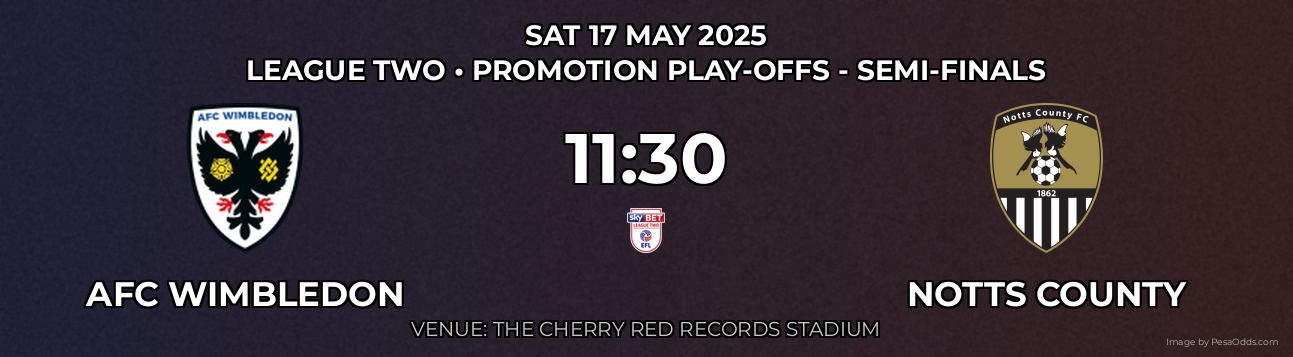 AFC Wimbledon vs Notts County Prediction match poster for League Two fixture on SAT 17 MAY 2025