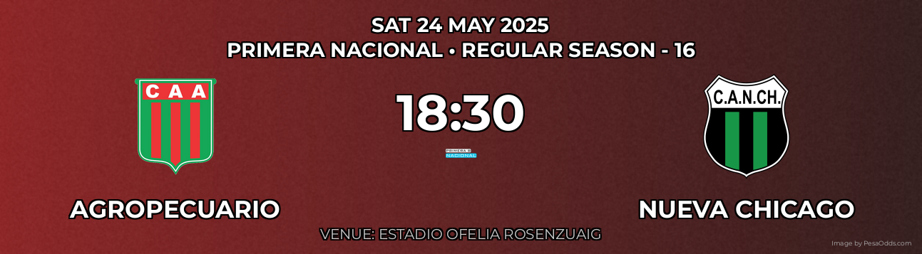 Agropecuario vs Nueva Chicago Prediction match poster for Primera Nacional fixture on SAT 24 MAY 2025