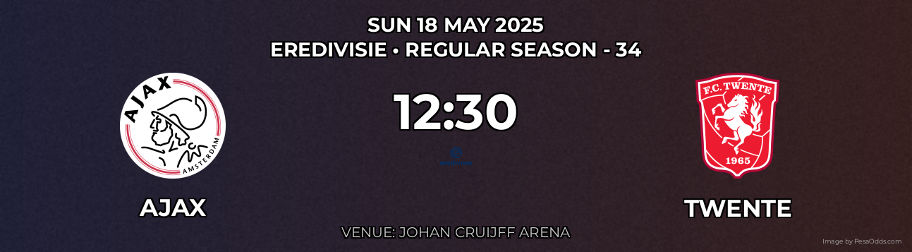 Ajax vs Twente Prediction match poster for Eredivisie fixture on SUN 18 MAY 2025