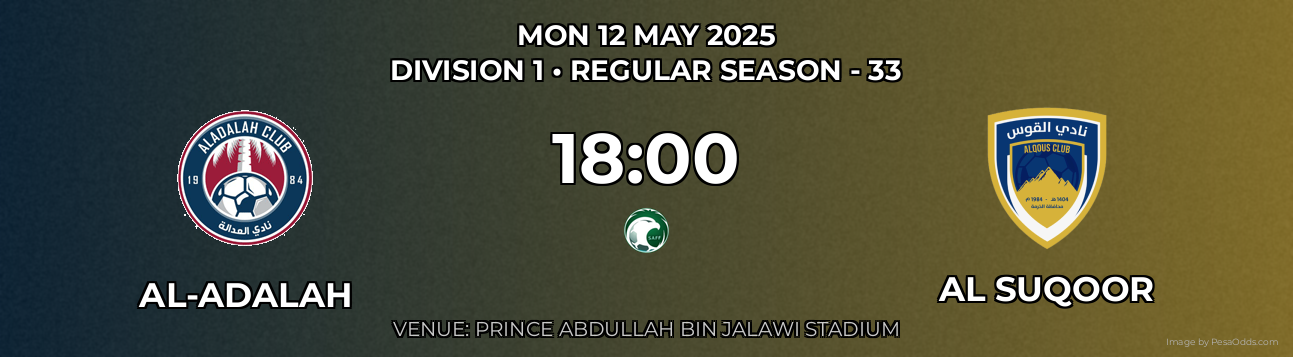 Al-Adalah vs Al Suqoor Prediction match poster for Division 1 fixture on MON 12 MAY 2025