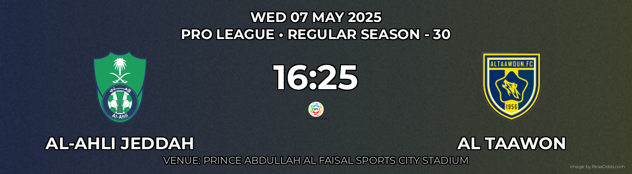 Al-Ahli Jeddah vs Al Taawon Prediction match poster for Pro League fixture on WED 07 MAY 2025