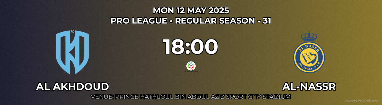 Al Akhdoud vs Al-Nassr Prediction match poster for Pro League fixture on MON 12 MAY 2025