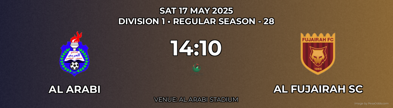 Al Arabi vs Al Fujairah SC Prediction match poster for Division 1 fixture on SAT 17 MAY 2025