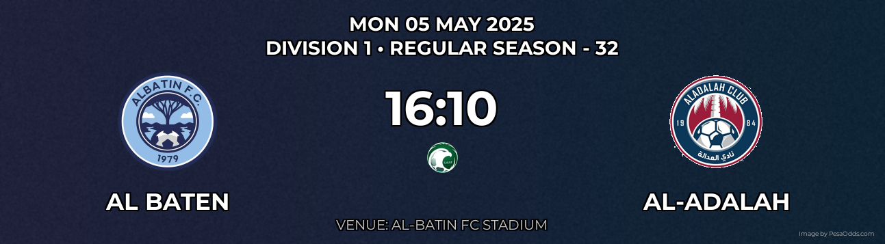 Al Baten vs Al-Adalah Prediction match poster for Division 1 fixture on MON 05 MAY 2025