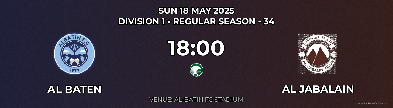 Al Baten vs Al Jabalain Prediction match poster for Division 1 fixture on SUN 18 MAY 2025