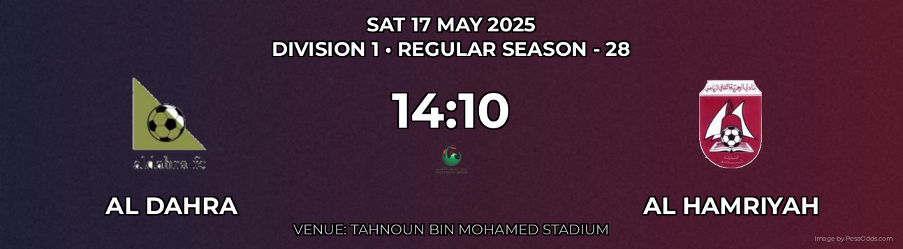 Al Dahra vs Al Hamriyah Prediction match poster for Division 1 fixture on SAT 17 MAY 2025