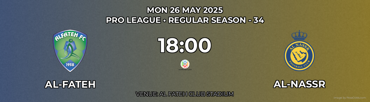 Al-Fateh vs Al-Nassr Prediction match poster for Pro League fixture on MON 26 MAY 2025