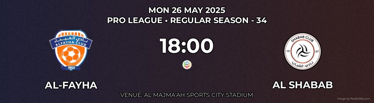 Al-Fayha vs Al Shabab Prediction match poster for Pro League fixture on MON 26 MAY 2025