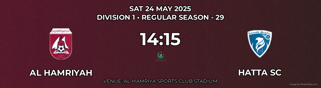 Al Hamriyah vs Hatta SC Prediction match poster for Division 1 fixture on SAT 24 MAY 2025