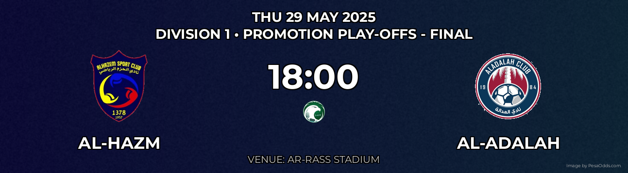 Al-Hazm vs Al-Adalah Prediction match poster for Division 1 fixture on THU 29 MAY 2025