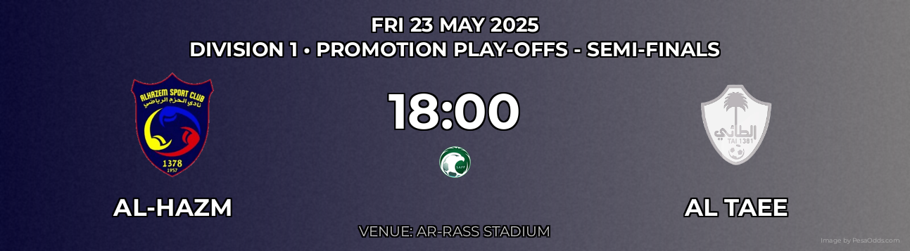 Al-Hazm vs Al Taee Prediction match poster for Division 1 fixture on FRI 23 MAY 2025