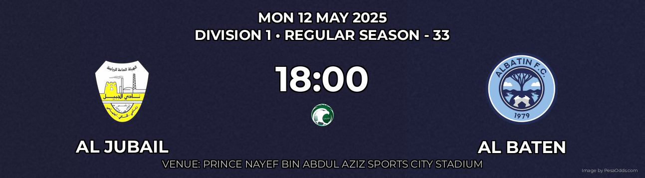 Al Jubail vs Al Baten Prediction match poster for Division 1 fixture on MON 12 MAY 2025