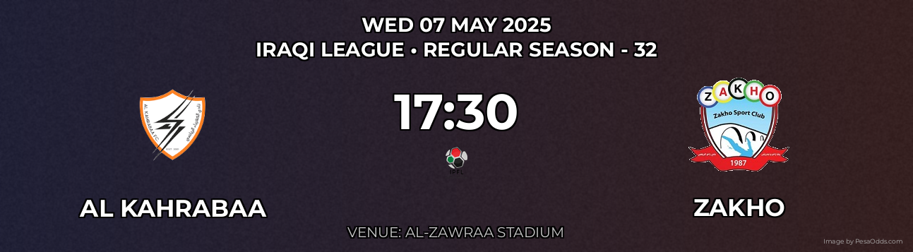 Al Kahrabaa vs Zakho Prediction match poster for Iraqi League fixture on WED 07 MAY 2025