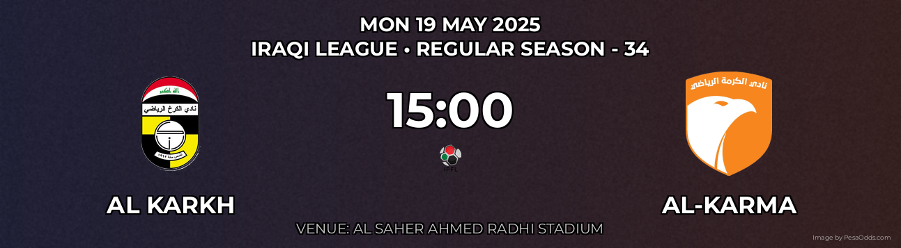 Al Karkh vs Al-Karma Prediction match poster for Iraqi League fixture on MON 19 MAY 2025