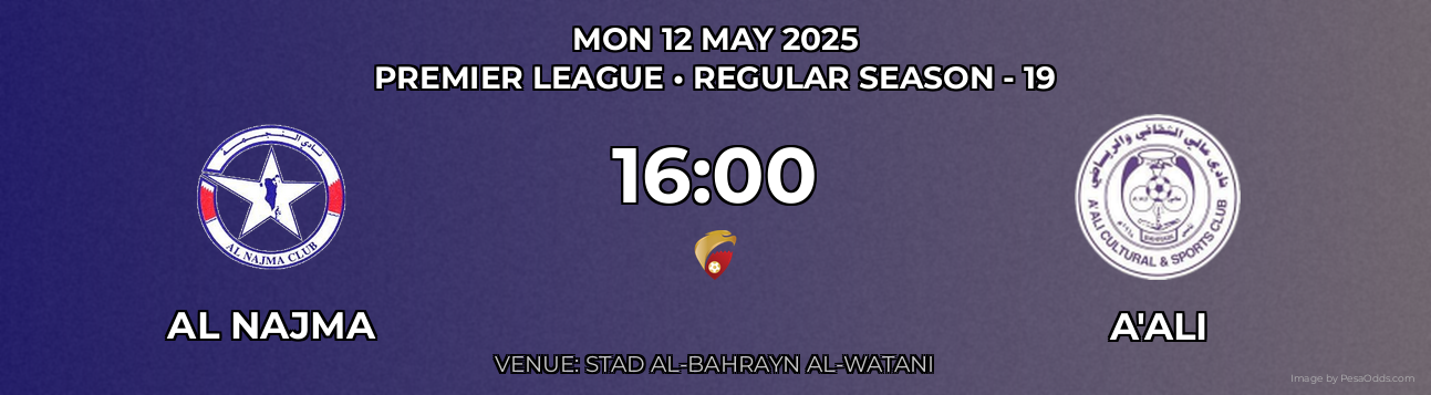 Al Najma vs A'Ali Prediction match poster for Premier League fixture on MON 12 MAY 2025