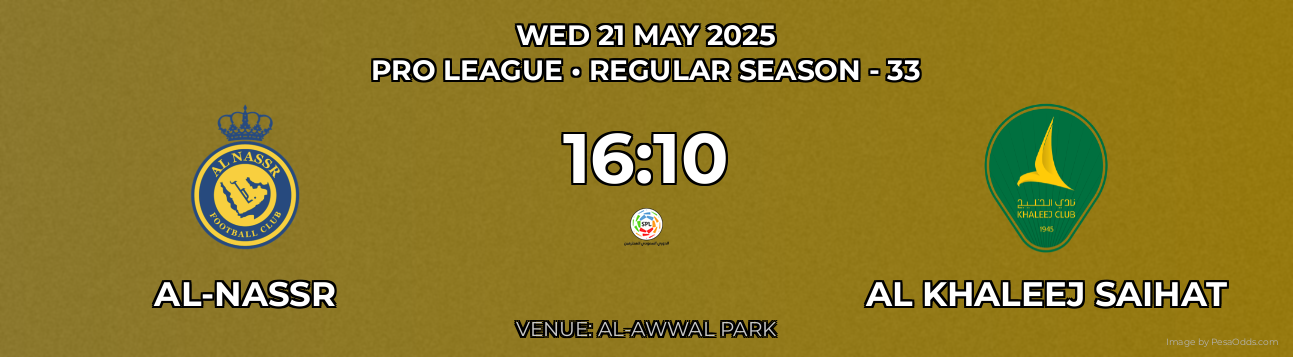Al-Nassr vs Al Khaleej Saihat Prediction match poster for Pro League fixture on WED 21 MAY 2025