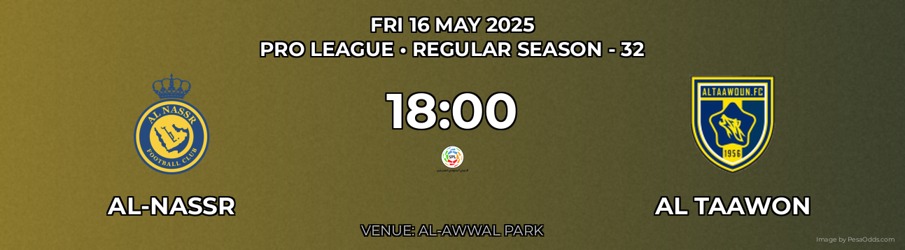 Al-Nassr vs Al Taawon Prediction match poster for Pro League fixture on FRI 16 MAY 2025