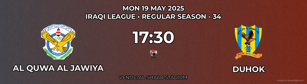 Al Quwa Al Jawiya vs Duhok Prediction match poster for Iraqi League fixture on MON 19 MAY 2025