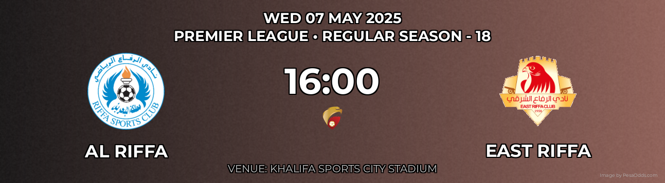 Al Riffa vs East Riffa Prediction match poster for Premier League fixture on WED 07 MAY 2025