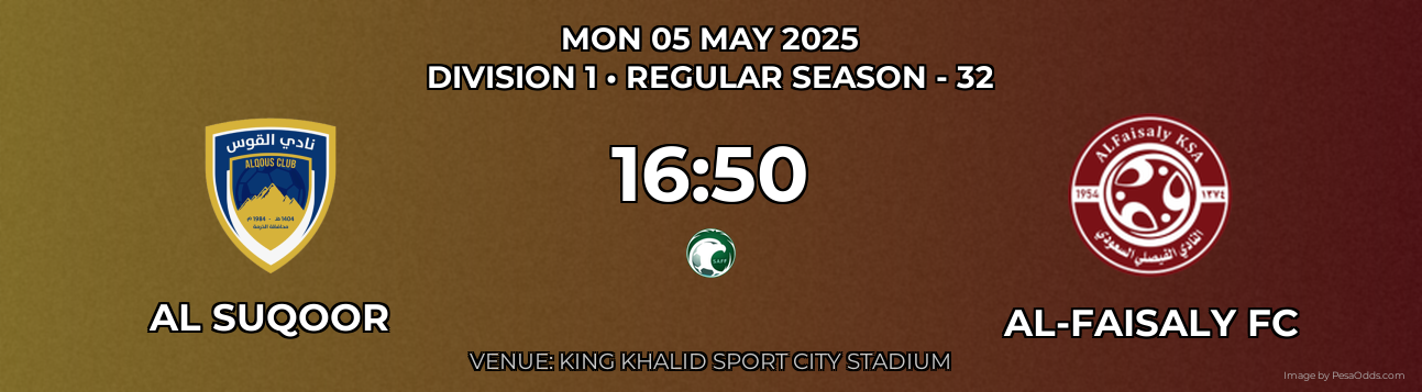 Al Suqoor vs Al-Faisaly FC Prediction match poster for Division 1 fixture on MON 05 MAY 2025