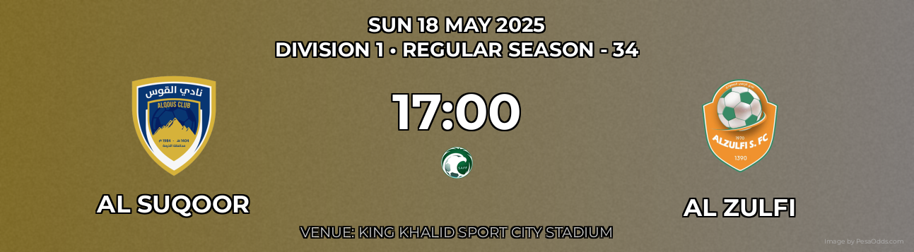 Al Suqoor vs Al Zulfi Prediction match poster for Division 1 fixture on SUN 18 MAY 2025