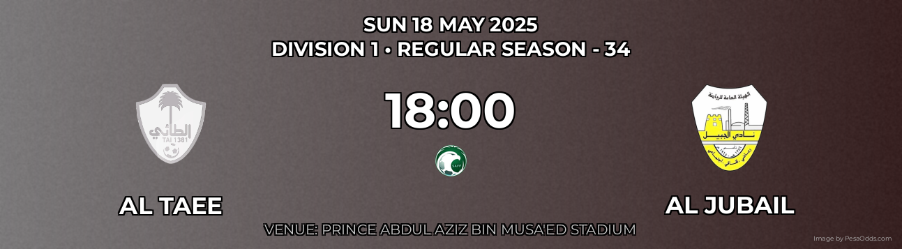 Al Taee vs Al Jubail Prediction match poster for Division 1 fixture on SUN 18 MAY 2025