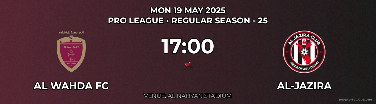 Al Wahda FC vs Al-Jazira Prediction match poster for Pro League fixture on MON 19 MAY 2025