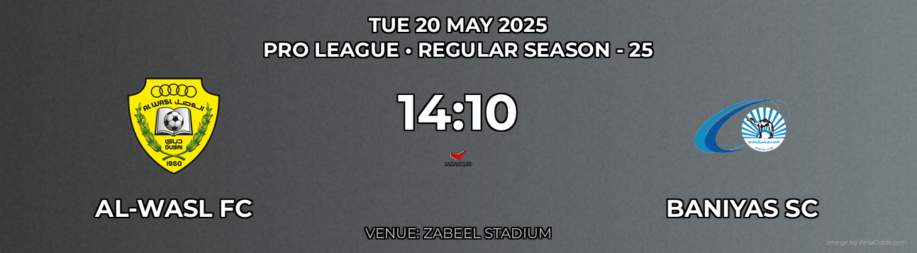 Al-Wasl FC vs Baniyas SC Prediction match poster for Pro League fixture on TUE 20 MAY 2025