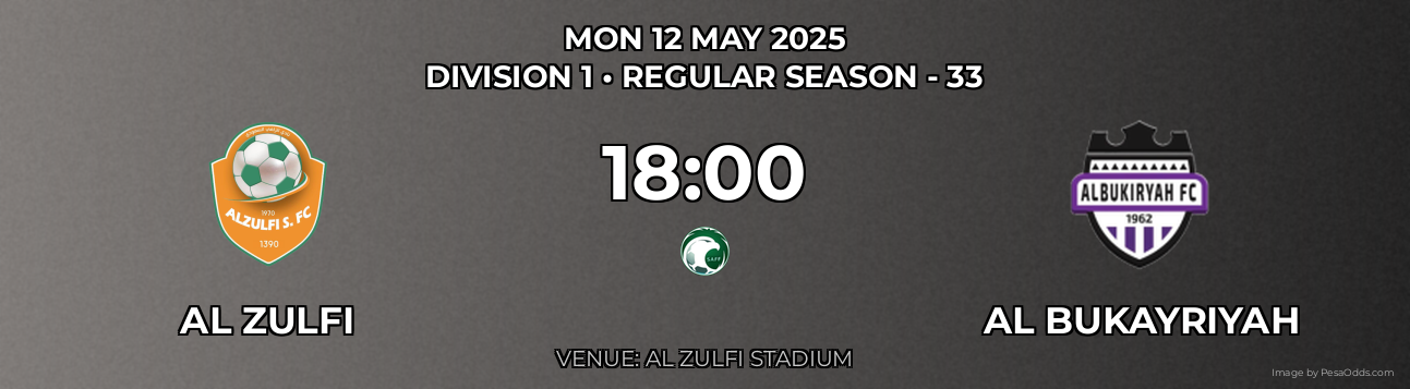Al Zulfi vs Al Bukayriyah Prediction match poster for Division 1 fixture on MON 12 MAY 2025