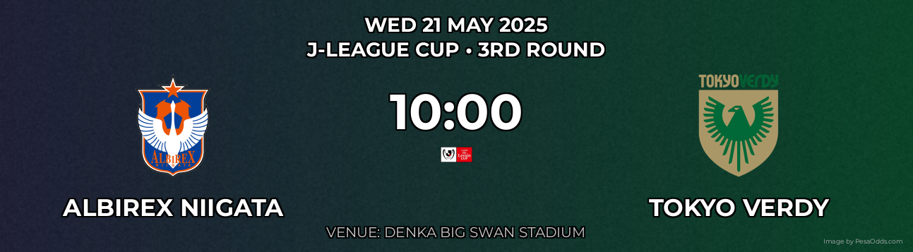 Albirex Niigata vs Tokyo Verdy Prediction match poster for J-League Cup fixture on WED 21 MAY 2025
