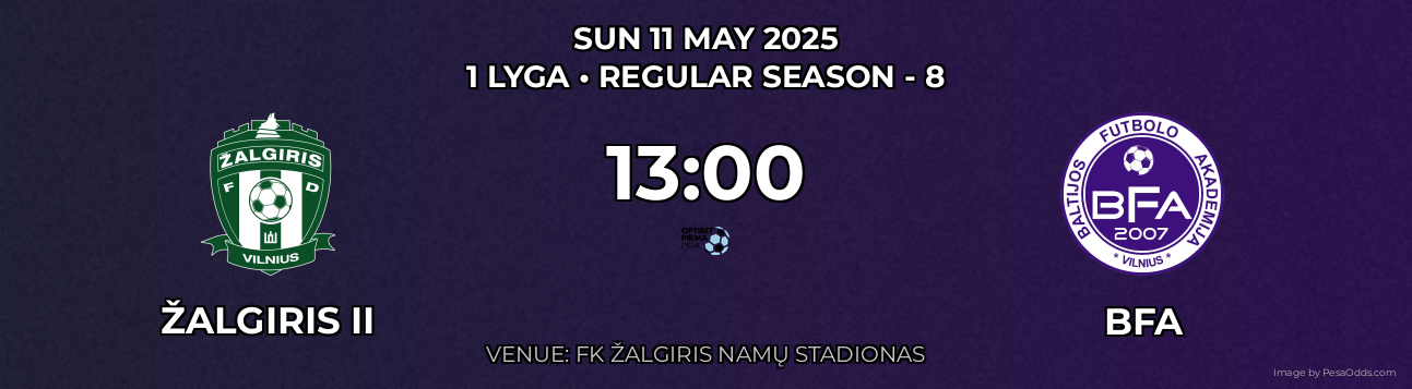 Žalgiris II vs BFA Prediction match poster for 1 Lyga fixture on SUN 11 MAY 2025