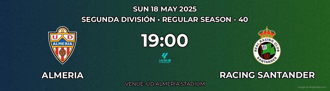 Almeria vs Racing Santander Prediction match poster for Segunda División fixture on SUN 18 MAY 2025