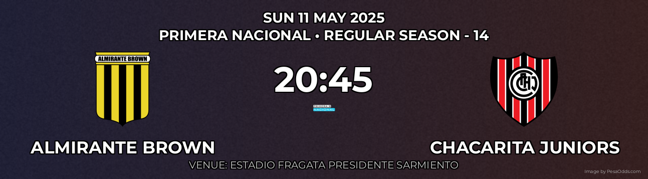 Almirante Brown vs Chacarita Juniors Prediction match poster for Primera Nacional fixture on SUN 11 MAY 2025