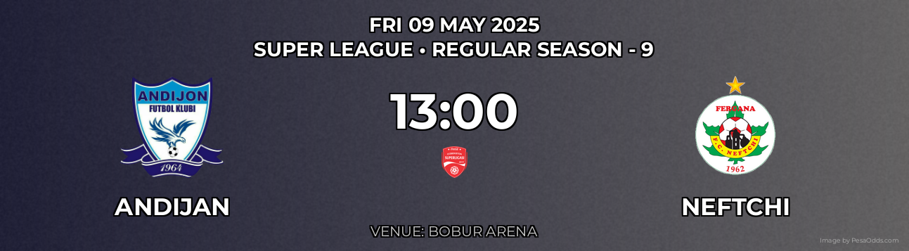 Andijan vs Neftchi Prediction match poster for Super League fixture on FRI 09 MAY 2025